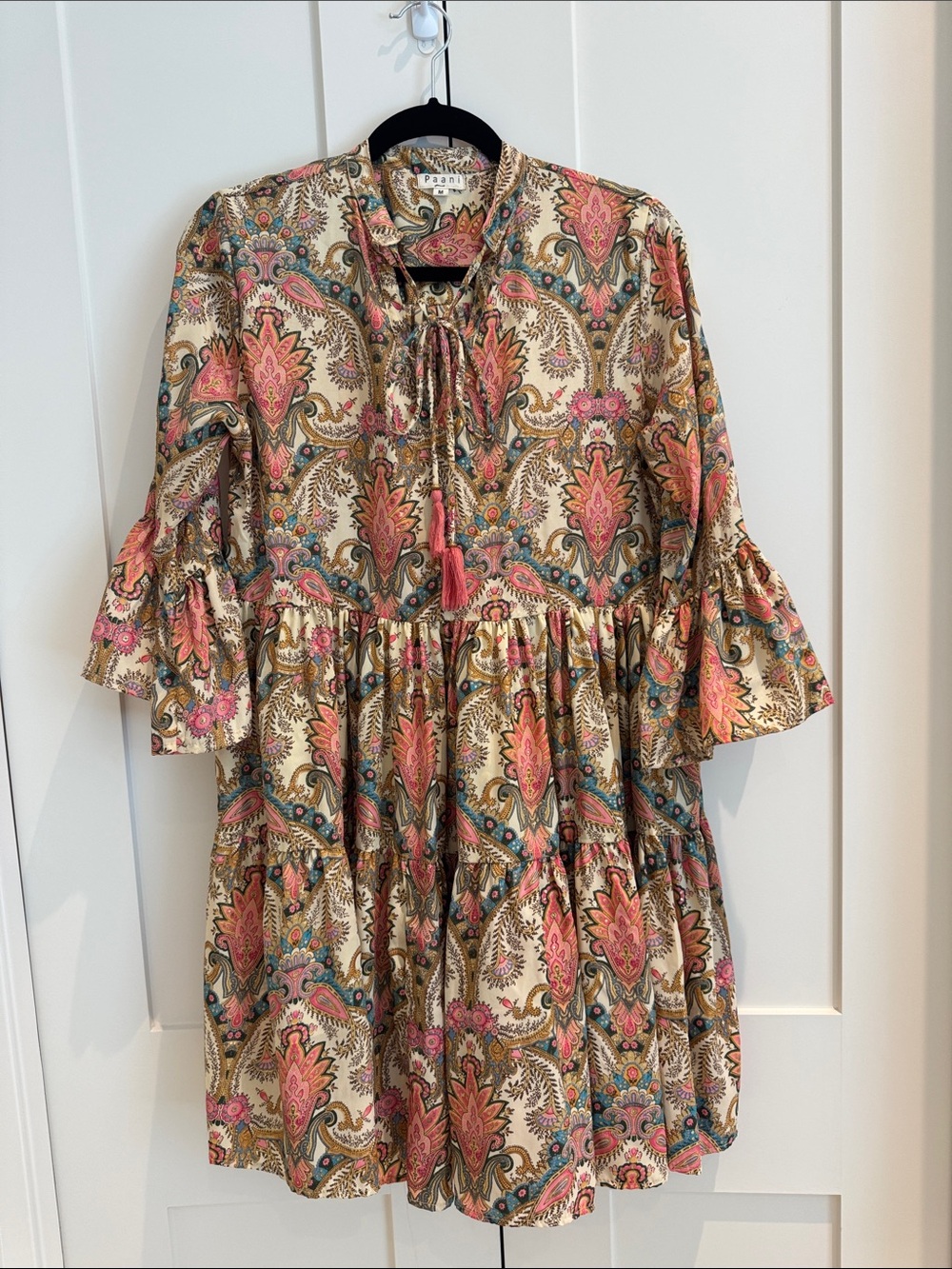 Boho Paisley Tie-Neck Long Sleeve Dress in Pink & Cream